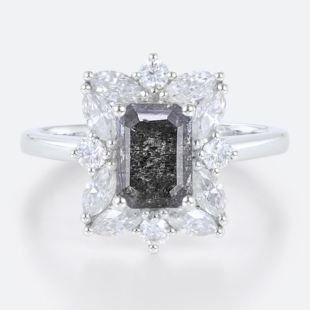 Emerald Cut Rings Halo Ring Salt and Pepper Emerald Cut Diamond