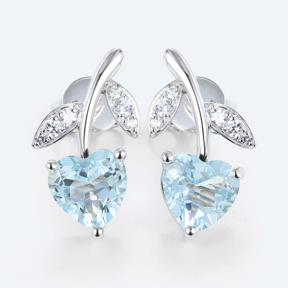 Back to School Jewelry - White Gold Earrings Heart Stud Earrings July Birthstone Earrings Aquamarine Stud Earrings