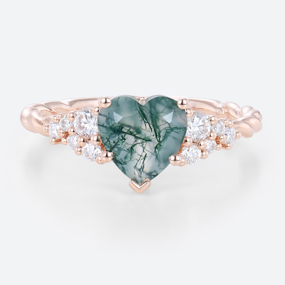 Heart Rings Rose Gold Moss Agate Heart Twisted Engagement Ring