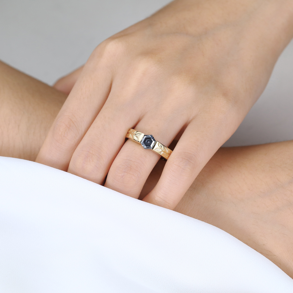 Hexagon Cut Gray Moissanite Solitaire Leaf Engraved Wide Bands in Yellow Gold