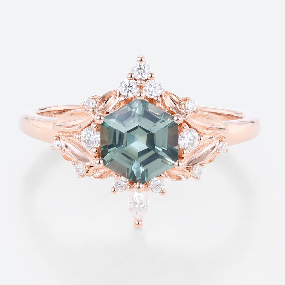 Hexagon Cut Green Sapphire Ring Vintage Rose Gold Ring Jewellery