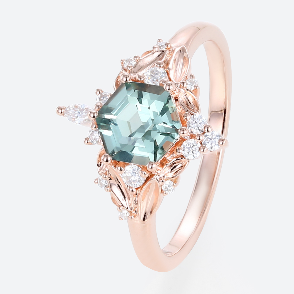 Hexagon Cut Green Sapphire Ring Vintage Rose Gold Ring Jewellery