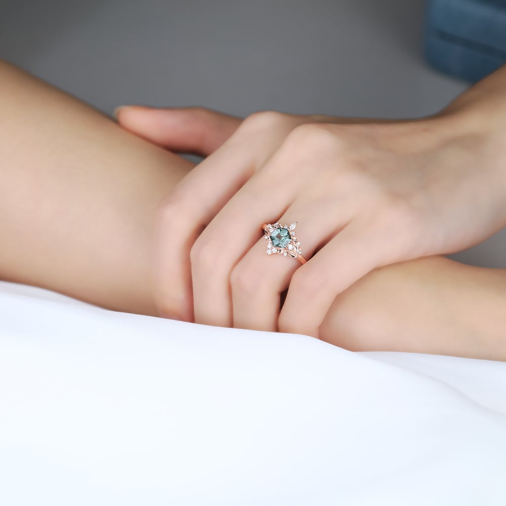 Hexagon Cut Green Sapphire Ring Vintage Rose Gold Ring Jewellery