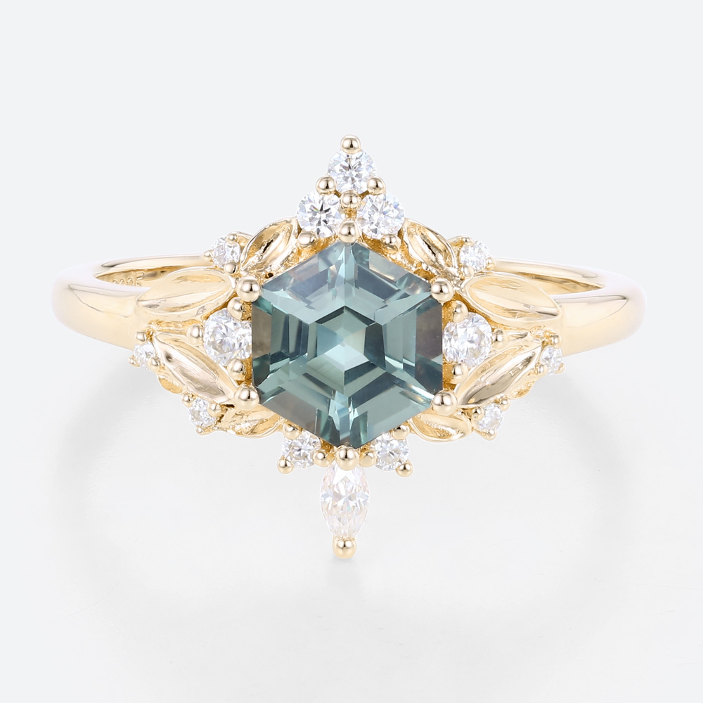 Hexagon Cut Green Sapphire Ring Vintage Yellow Gold Ring Jewellery
