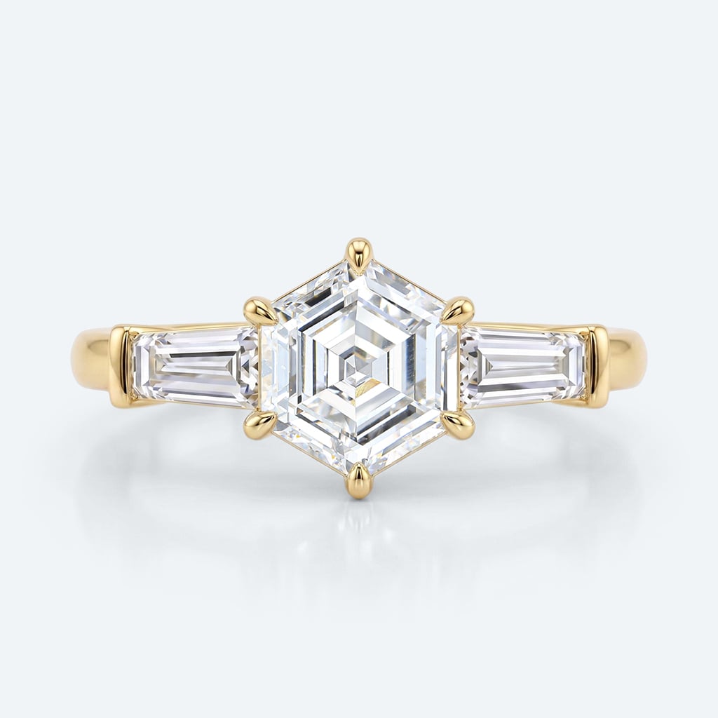 Hexagon Cut Lab Grown Diamond Classic Three Stone 6 Claw Prong Engagement Ring in Yellow Gold (1)