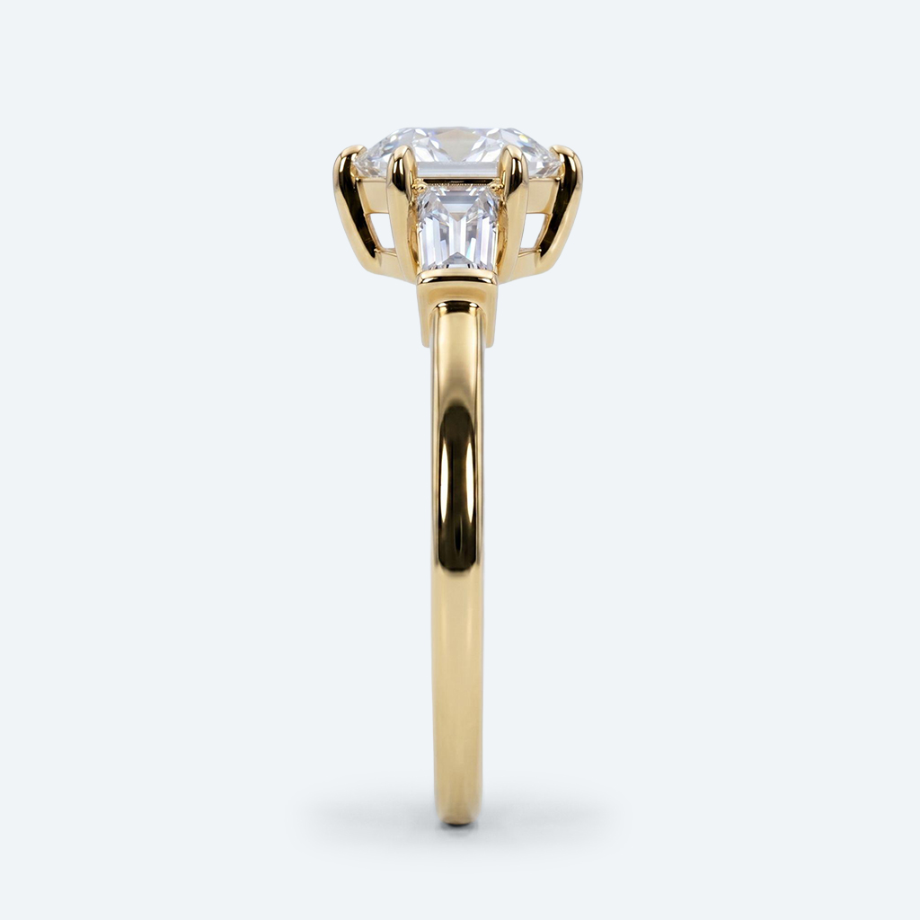 Hexagon Cut Lab Grown Diamond Classic Three Stone 6 Claw Prong Engagement Ring in Yellow Gold (3)