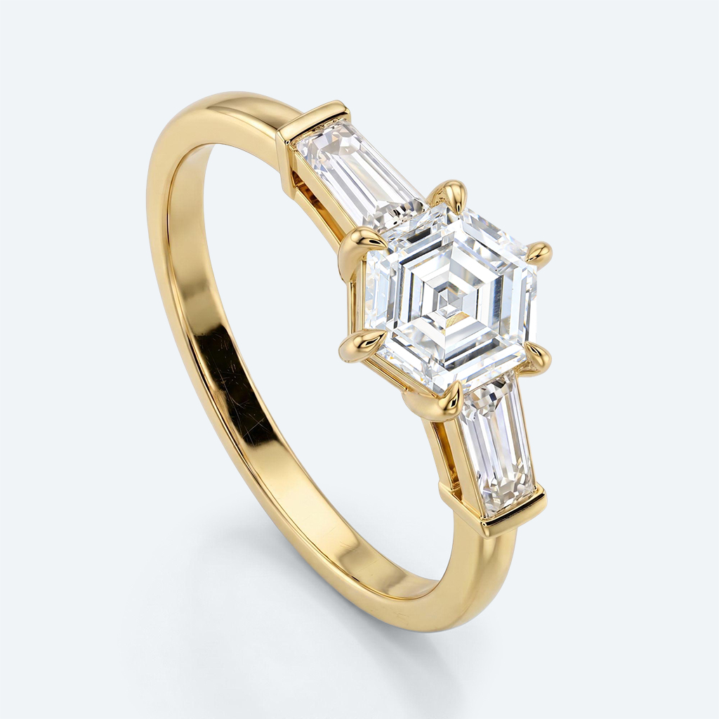 Hexagon Cut Lab Grown Diamond Classic Three Stone 6 Claw Prong Engagement Ring in Yellow Gold (4)