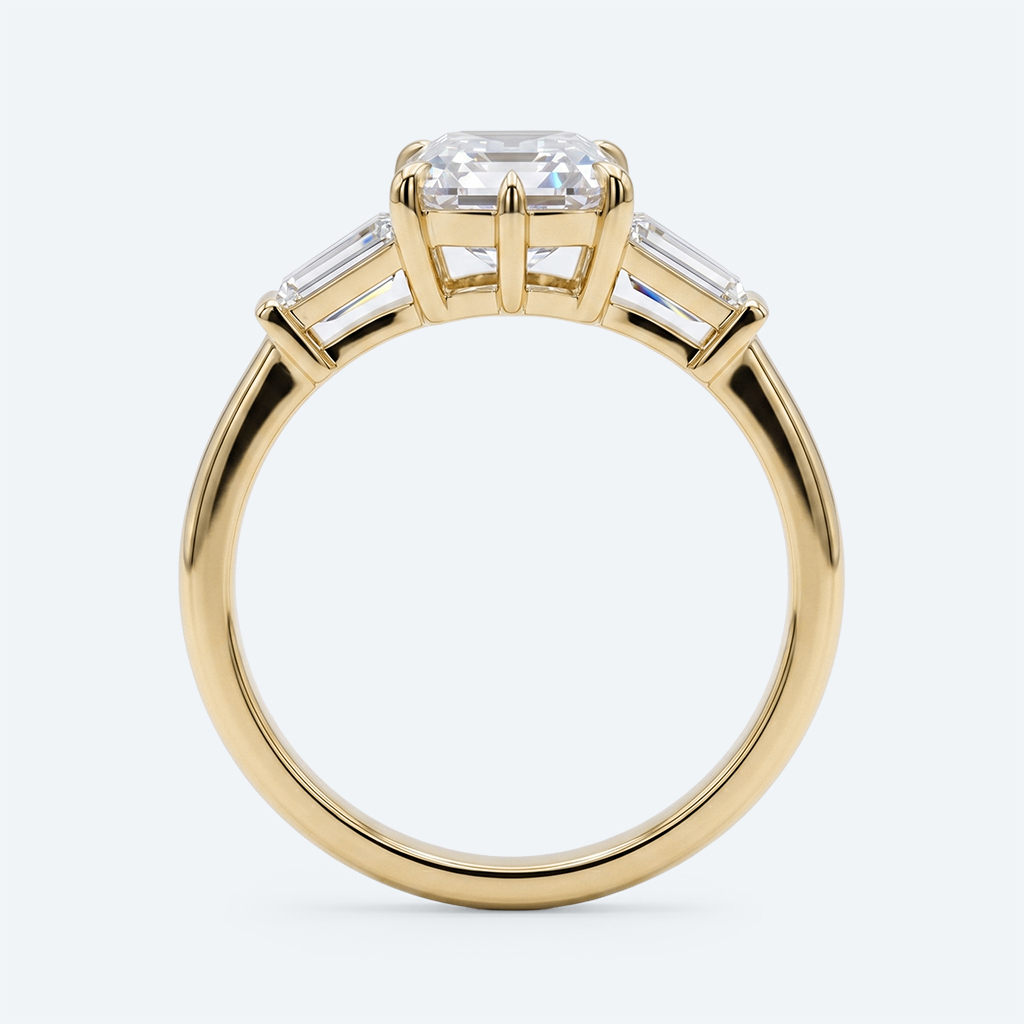 Hexagon Cut Lab Grown Diamond Classic Three Stone 6 Claw Prong Engagement Ring in Yellow Gold (5)