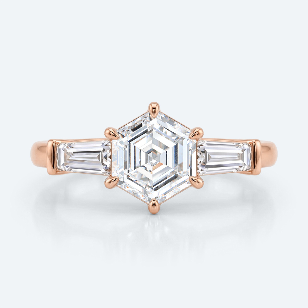 Hexagon Cut Lab Grown Diamond Classic Three Stone 6 Claw Prong Engagement Ring in Yellow Gold (6)