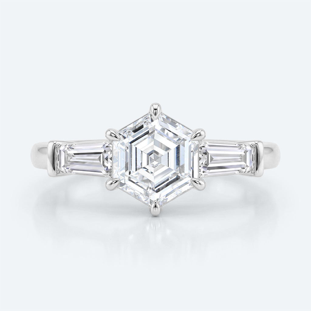 Hexagon Cut Lab Grown Diamond Classic Three Stone 6 Claw Prong Engagement Ring in Yellow Gold (7)