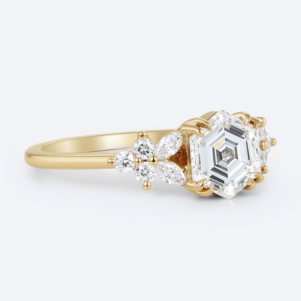 Hexagon Cut Lab Grown Diamond Modern Cluster 4 Double Claw Engagement Ring (4)