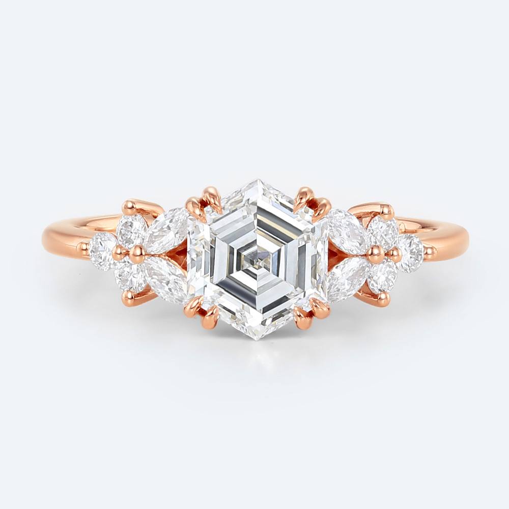 1ct Hexagon Cut Lab Diamond Ring Modern Cluster Double Claw Engagement Ring in Rose Gold