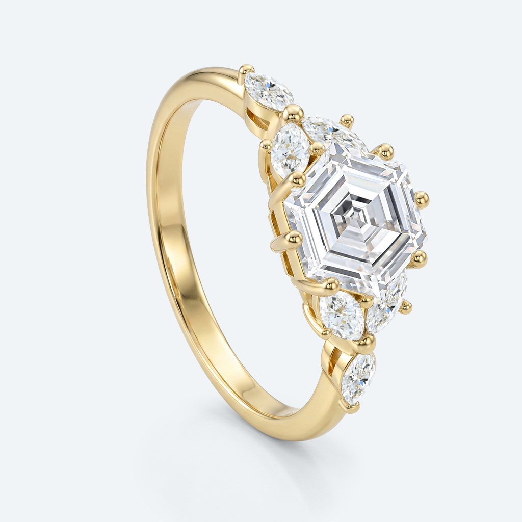 Hexagon Cut Lab Grown Diamond Modern Cluster 6-Prong Engagement Ring in Rose Gold (4)