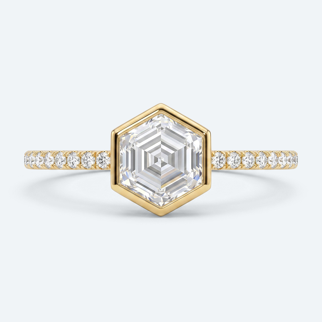 Hexagon Cut Lab Grown Diamond Pavé Bezel Setting Engagement Promise Ring in White Gold (1)