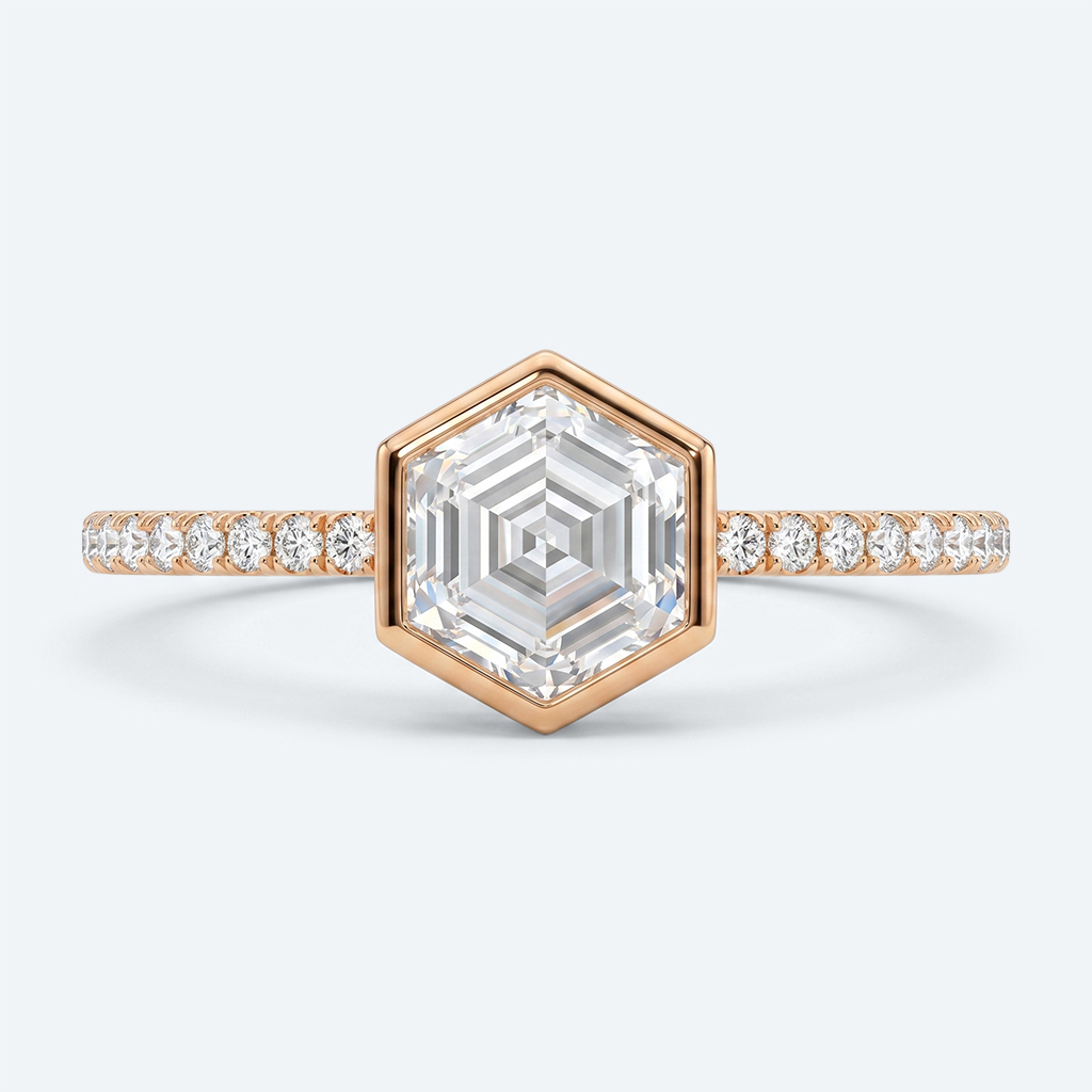 Hexagon Cut Lab Grown Diamond Pavé Bezel Setting Engagement Promise Ring in White Gold (4)
