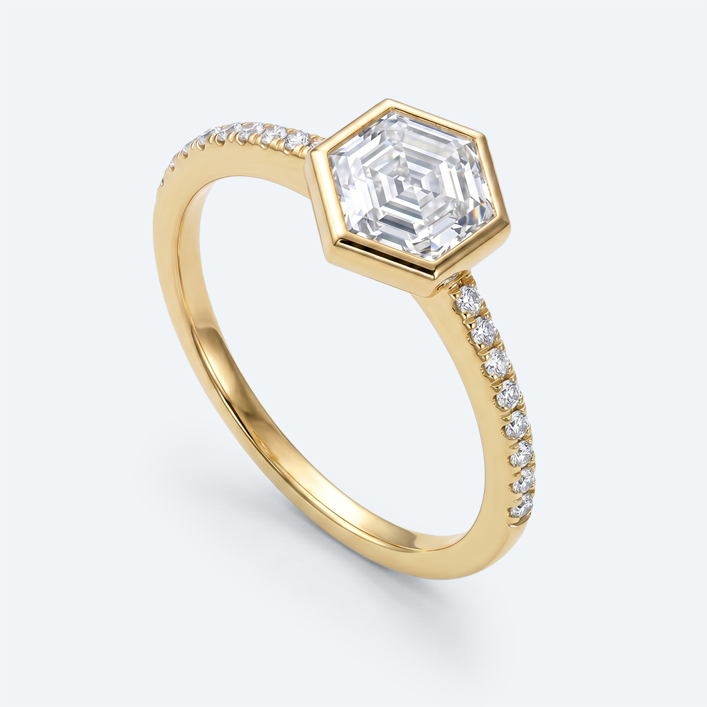 Hexagon Cut Lab Grown Diamond Pavé Bezel Setting Engagement Promise Ring in White Gold (6)