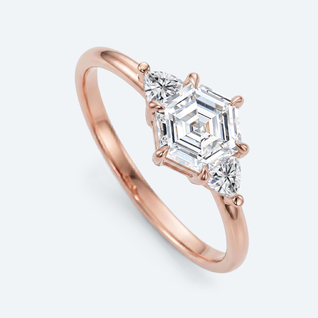 Hexagon Cut Lab Grown Diamond Three stone 6 Claw Prong Engagement Ring in White Gold (6)