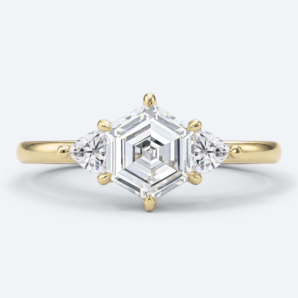 Hexagon Cut Lab Grown Diamond Three stone 6 Claw Prong Engagement Ring in White Gold (6)