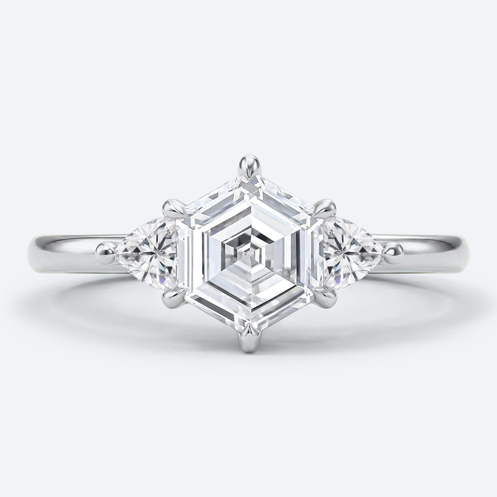 Hexagon Cut Lab Grown Diamond Three stone 6 Claw Prong Engagement Ring in White Gold (6)
