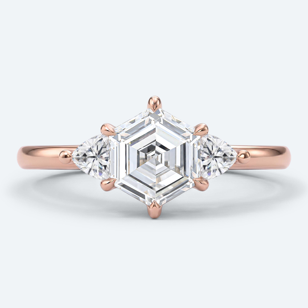 Hexagon Cut Lab Grown Diamond Three stone 6 Claw Prong Engagement Ring in White Gold (6)