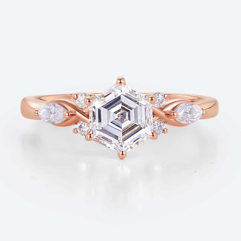 Hexagon Cut Lab Diamond Engagement Ring with Marquise Side Stones