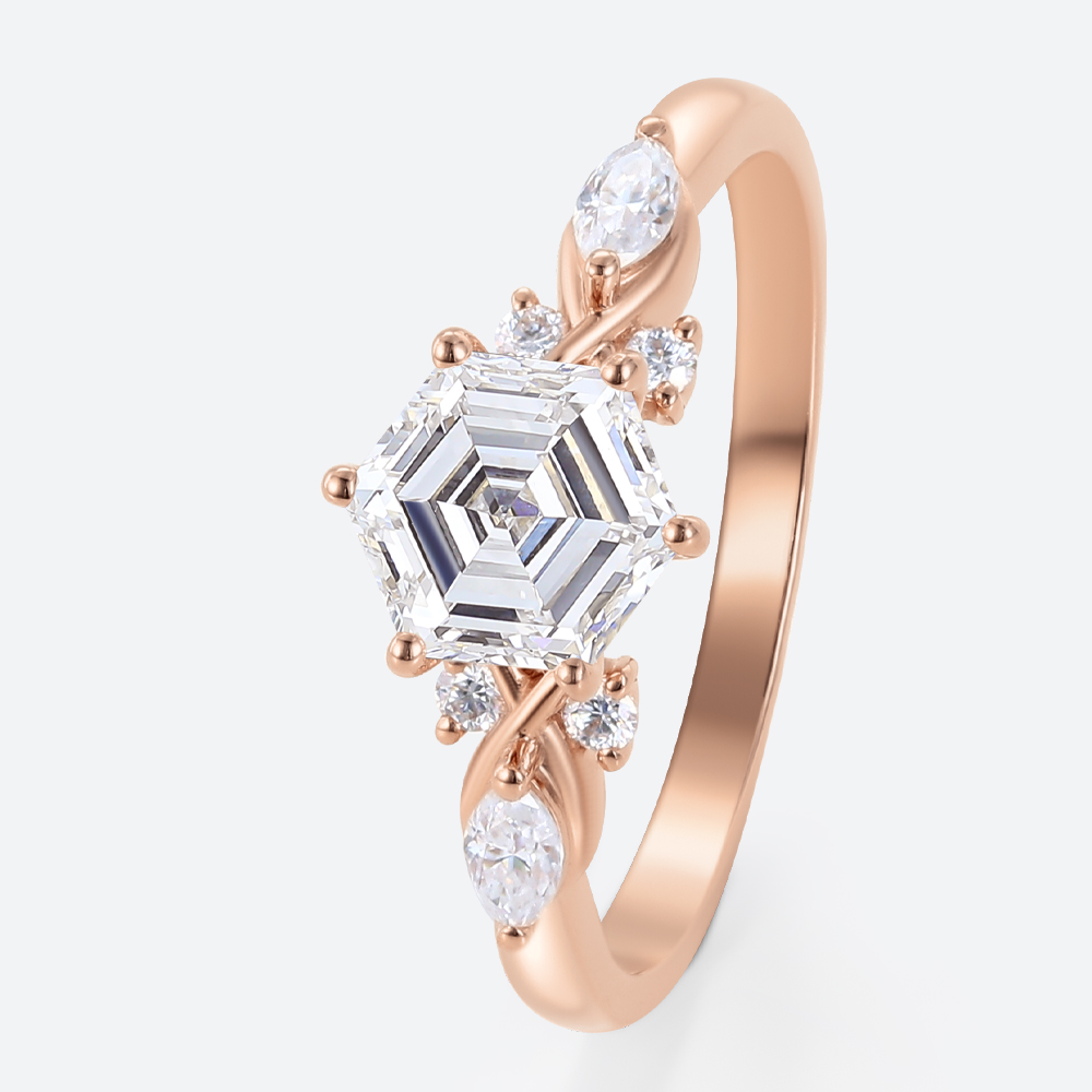 Hexagon Cut Lab Diamond Engagement Ring with Marquise Side Stones