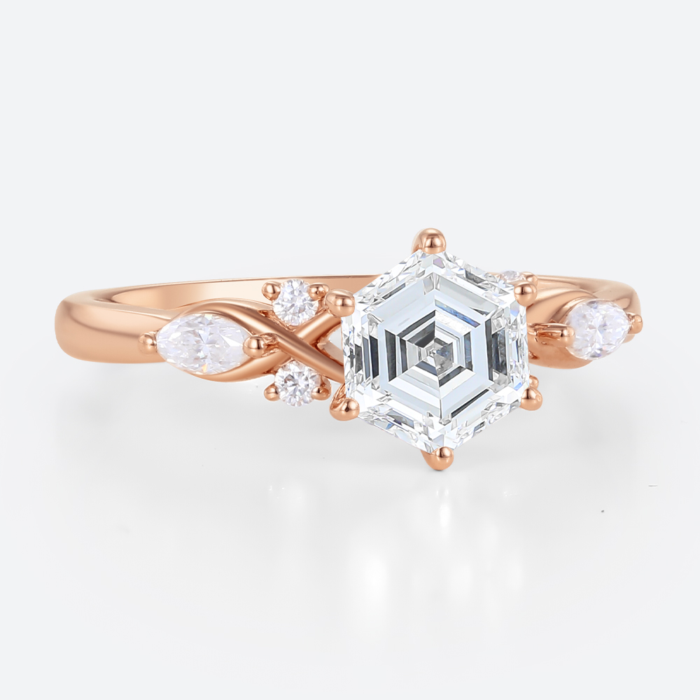 Hexagon Cut Lab Diamond Engagement Ring with Marquise Side Stones