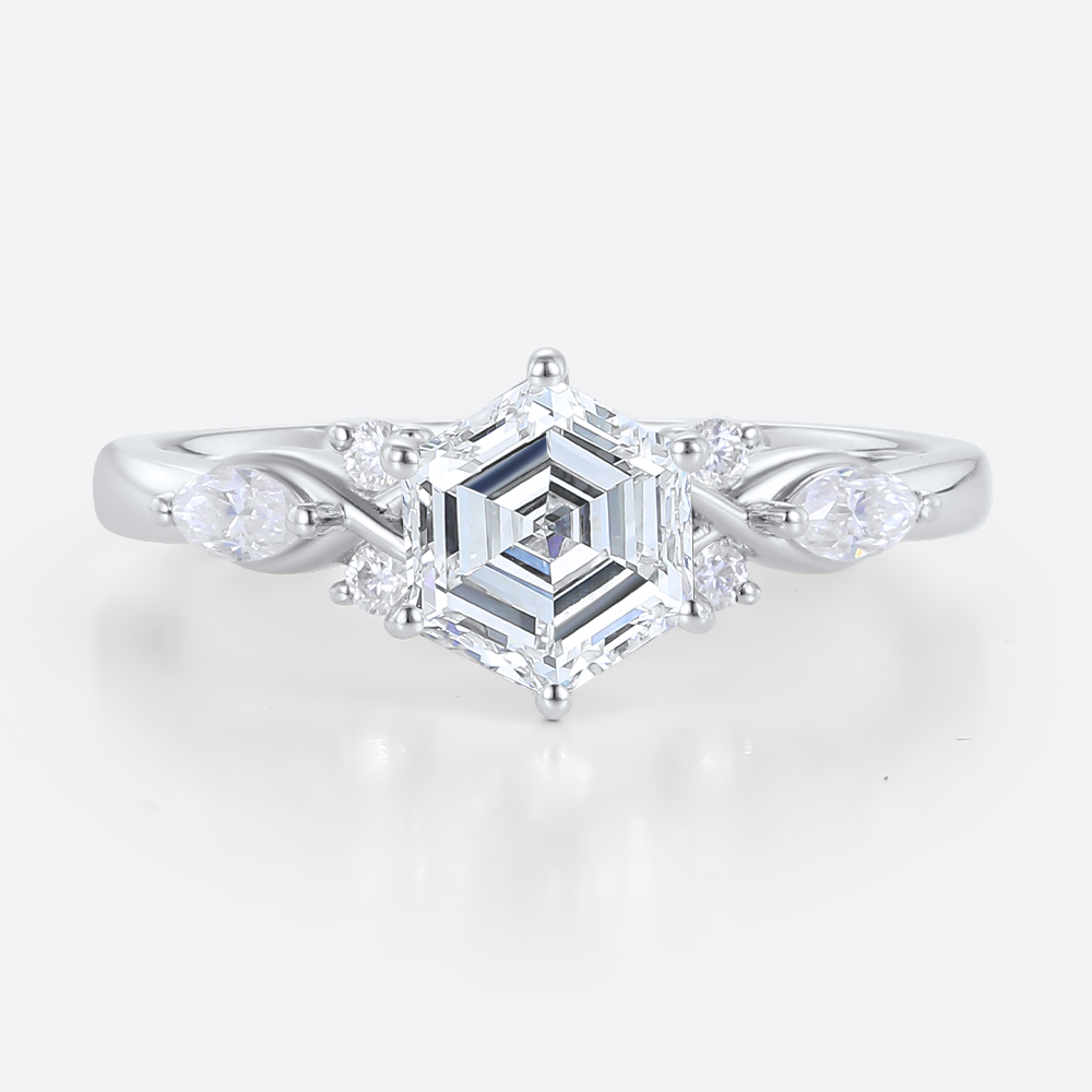 10k White Gold Hexagon Cut Lab Diamond Engagement Ring with Marquise Side Stones