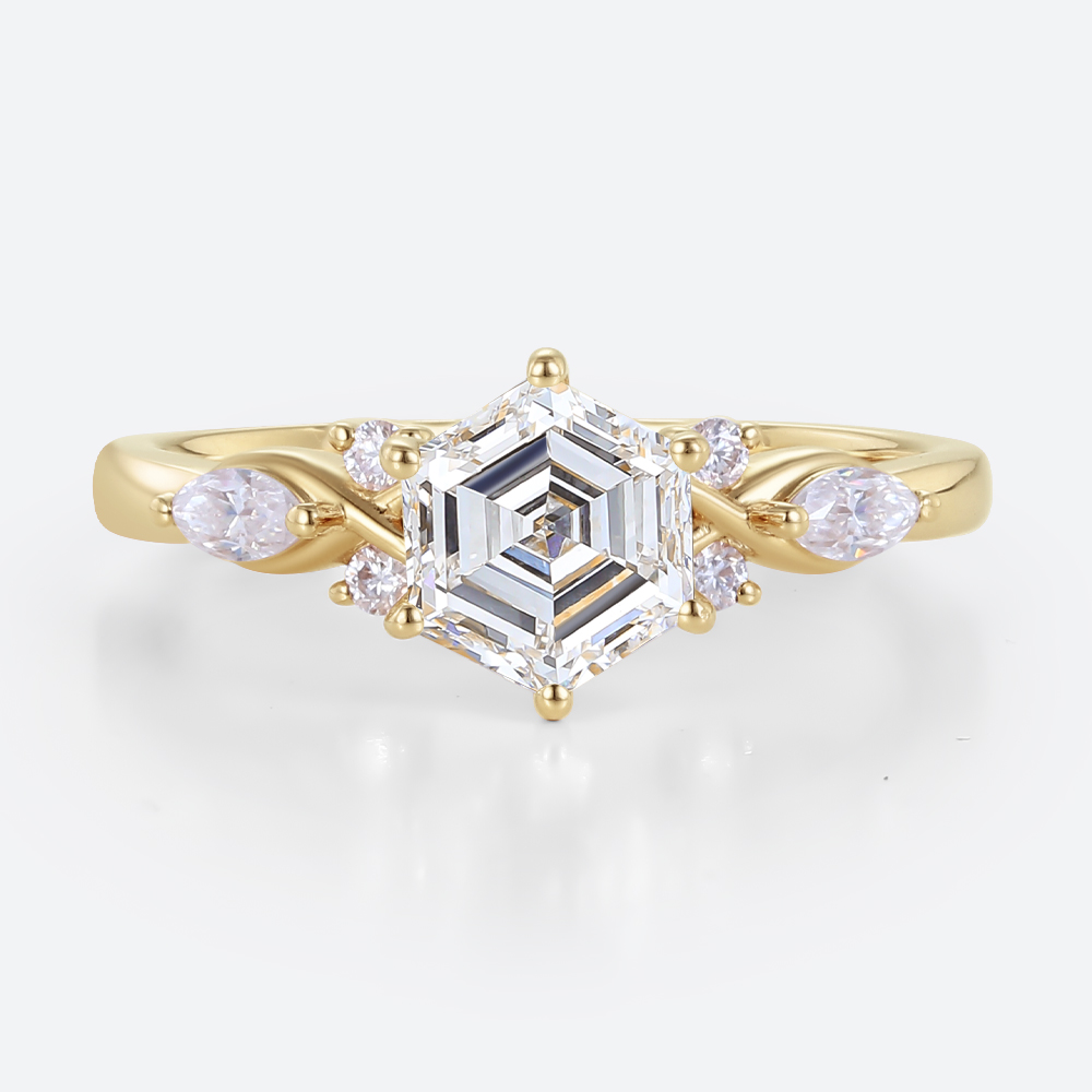 Hexagon Cut Lab Diamond Engagement Ring with Marquise Side Stones