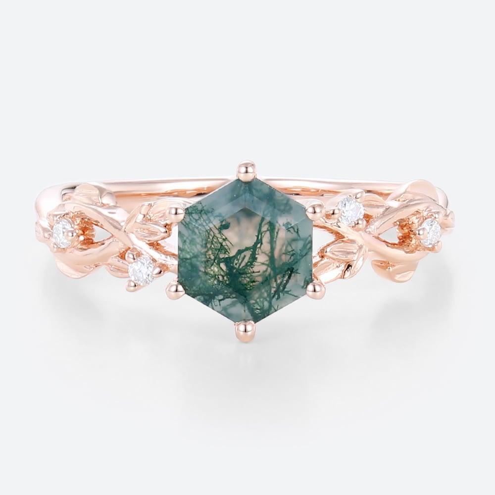 Hexagon Cut 14k Rose Gold Ring Nature Inspired Moss Agate Engagement Ring