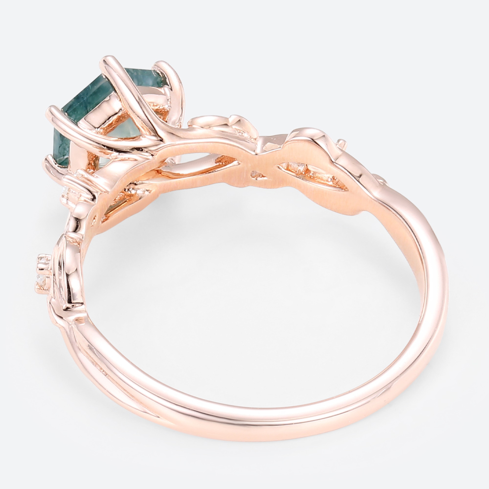 Hexagon Cut 14k Rose Gold Ring Nature Inspired Moss Agate Engagement Ring