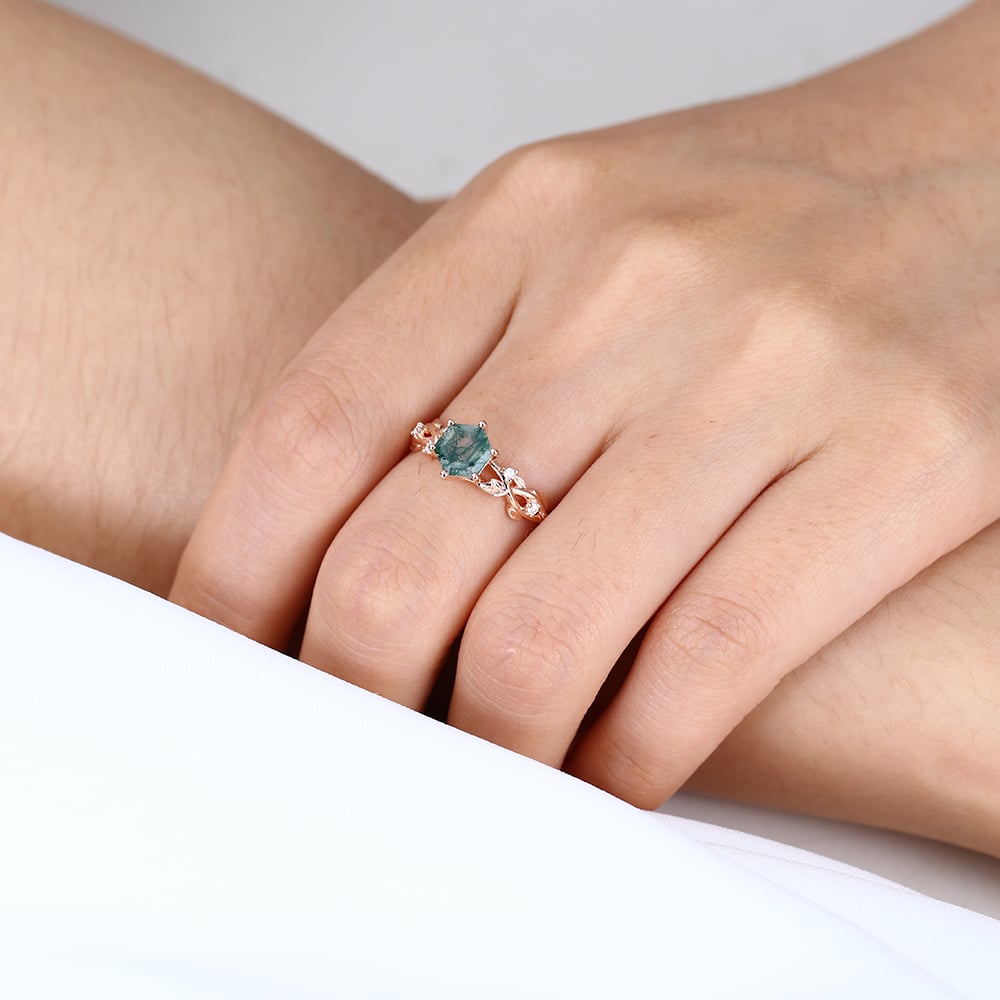 Hexagon Cut 14k Rose Gold Ring Nature Inspired Moss Agate Engagement Ring