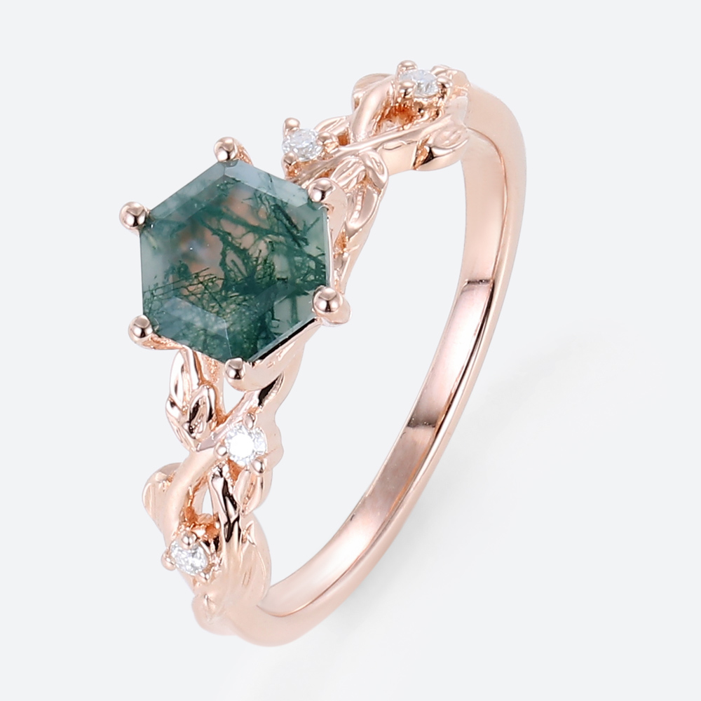 Hexagon Cut 14k Rose Gold Ring Nature Inspired Moss Agate Engagement Ring