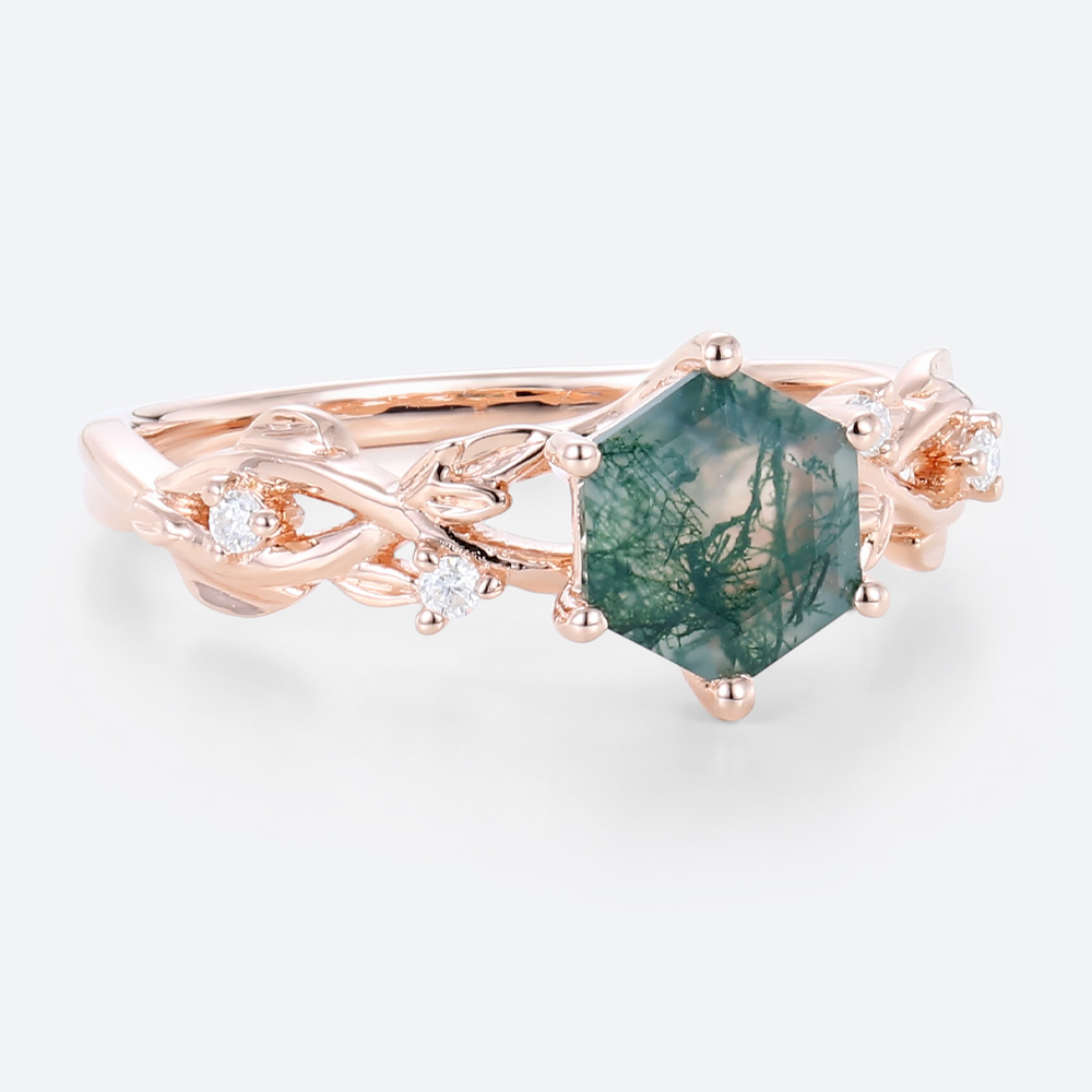 Hexagon Cut 14k Rose Gold Ring Nature Inspired Moss Agate Engagement Ring