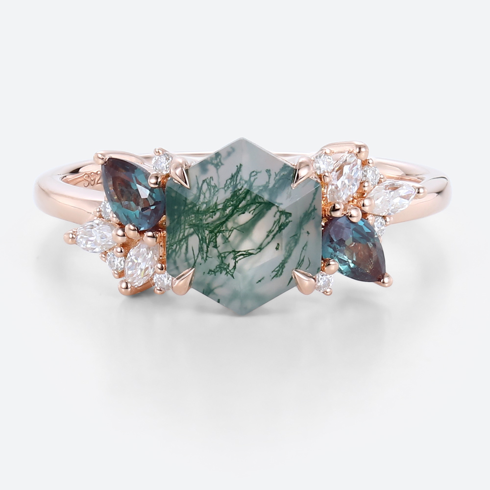 Multi Gemstone Ring Moss Agate Engagement Nature Inspired Jewelry Rings