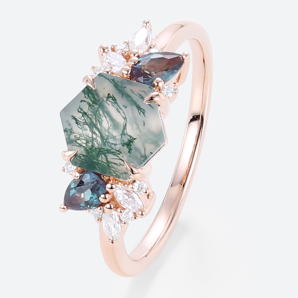 Multi Gemstone Ring Moss Agate Engagement Nature Inspired Jewelry Rings