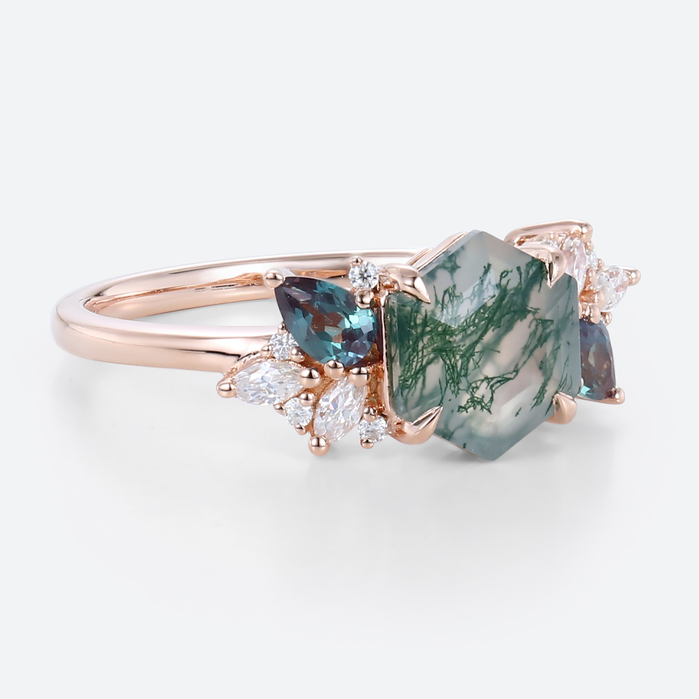 Multi Gemstone Ring Moss Agate Engagement Nature Inspired Jewelry Rings