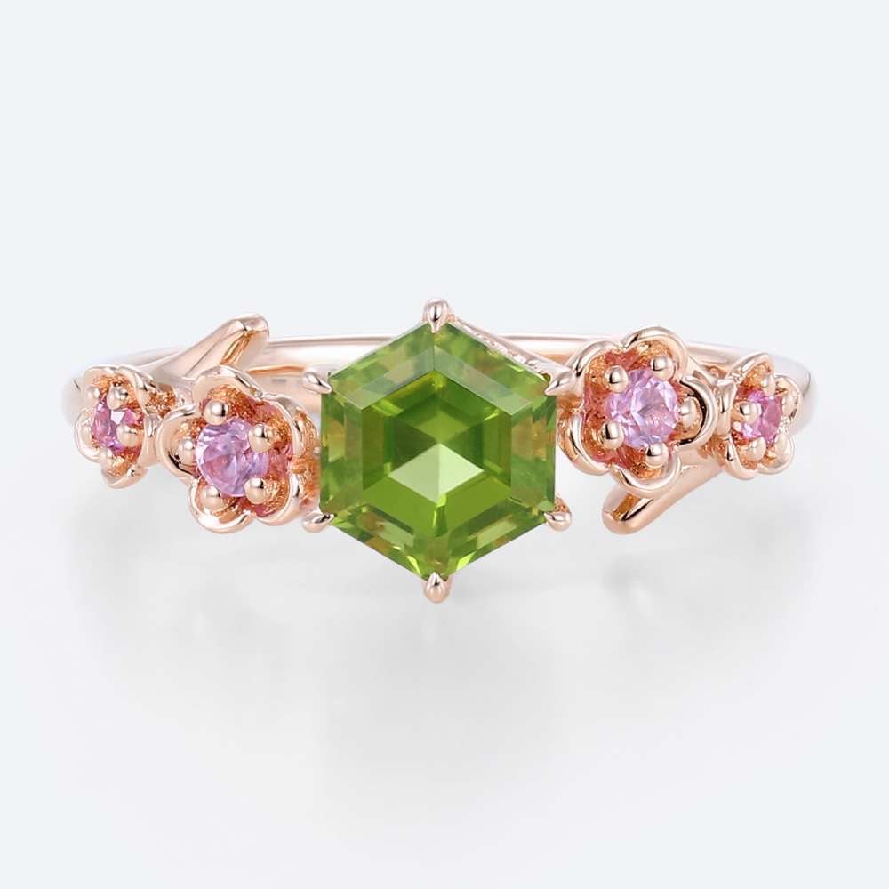 Peridot Gold Ring Vintage Unique Rose Gold Engagement Rings