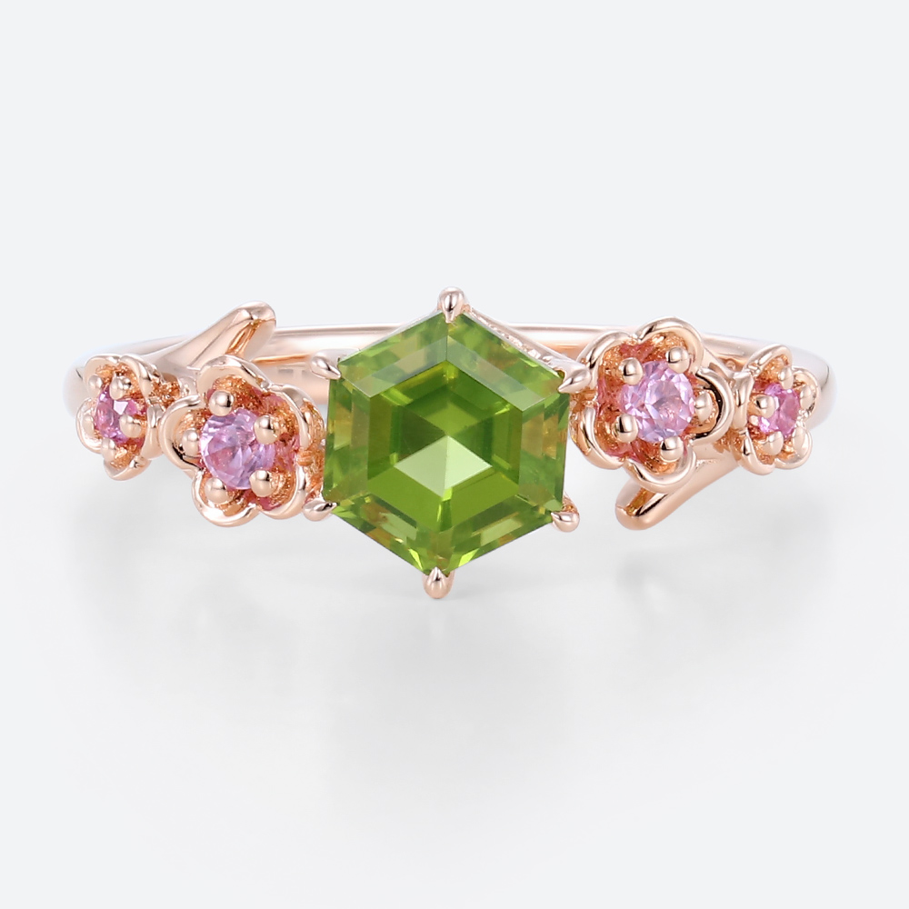 Hexagon Cut Peridot Gold Ring Vintage Unique Rose Gold Engagement Rings