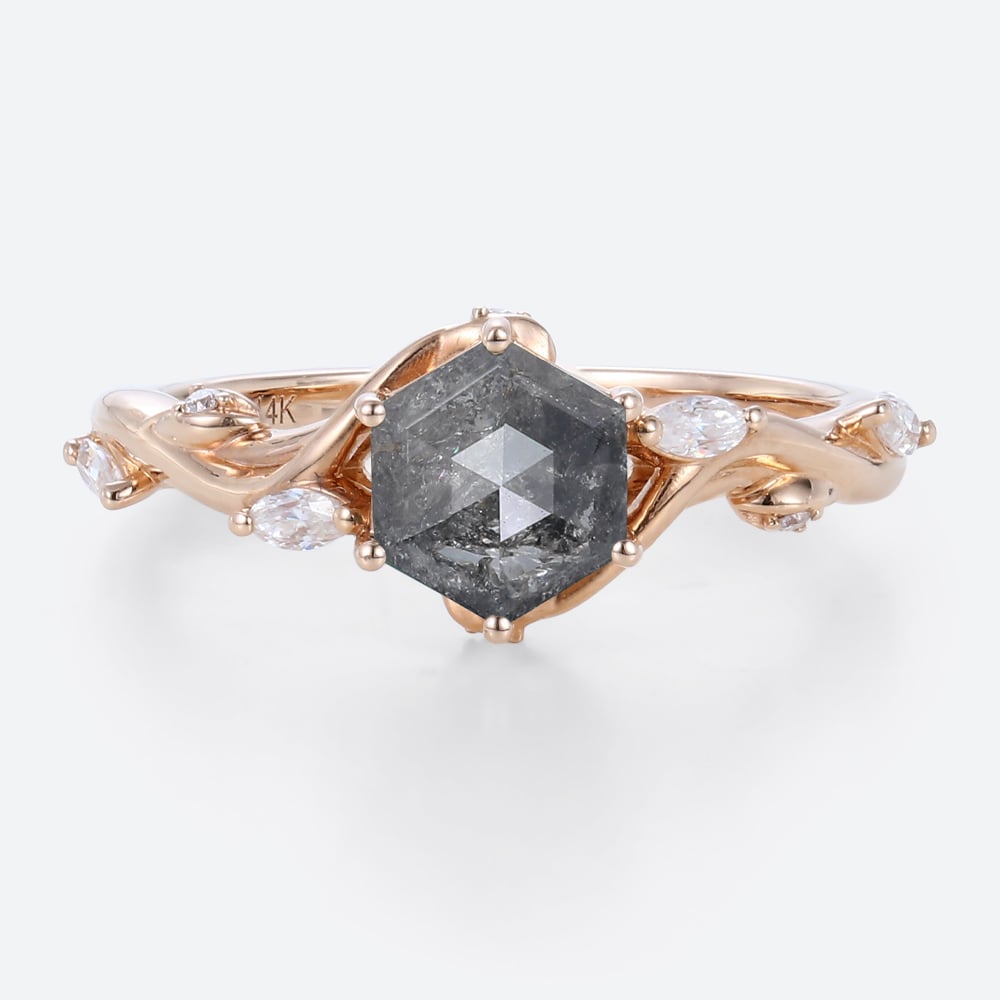 Hexagon Cut Simple Band Engagement Rings Salt and Pepper Diamond Ring