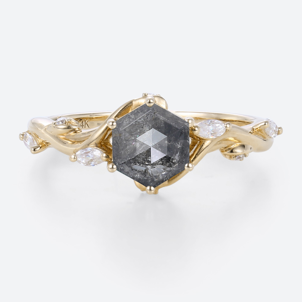 Hexagon Cut Simple Band Engagement Rings Salt and Pepper Diamond Ring