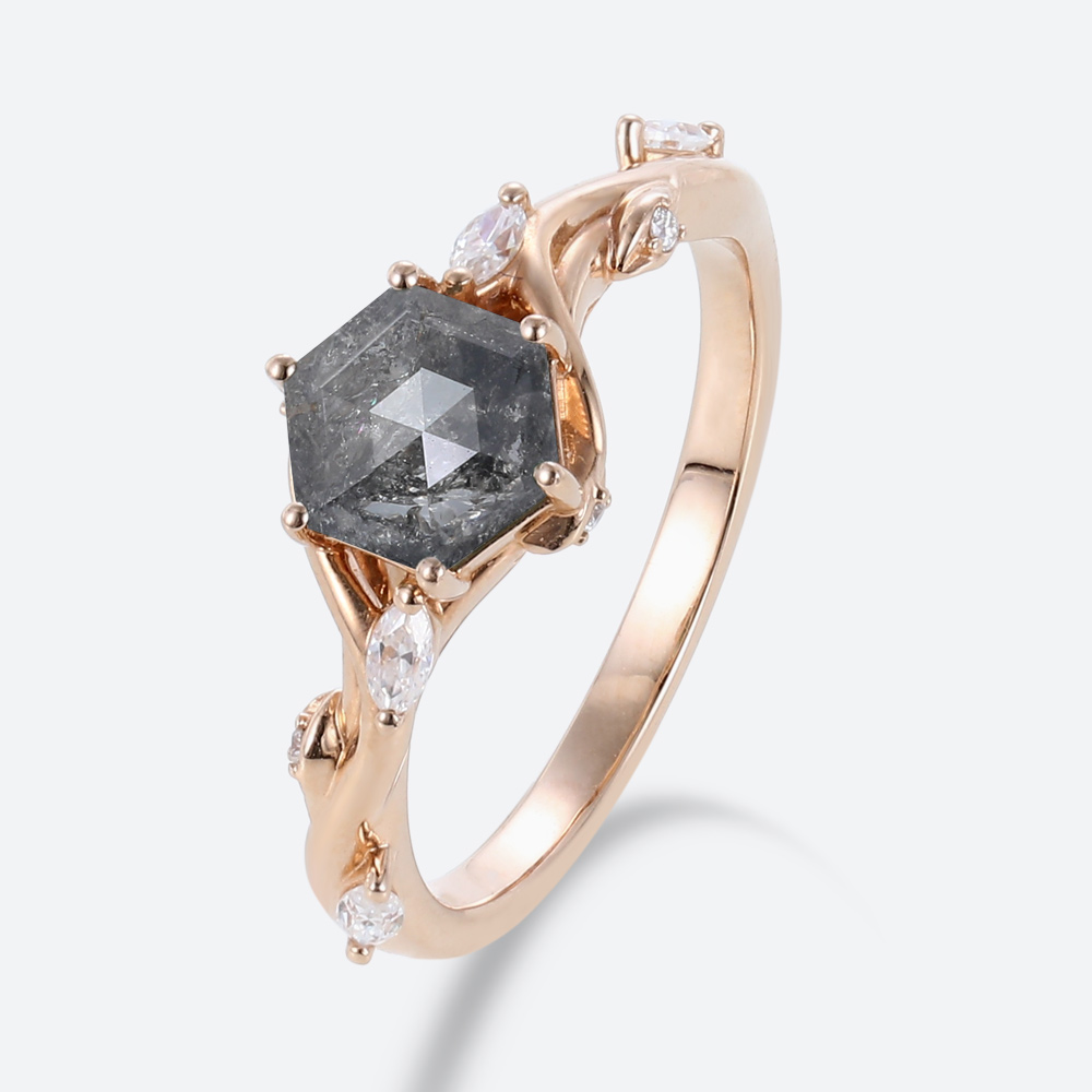 Hexagon Cut Simple Band Engagement Rings Salt and Pepper Diamond Ring