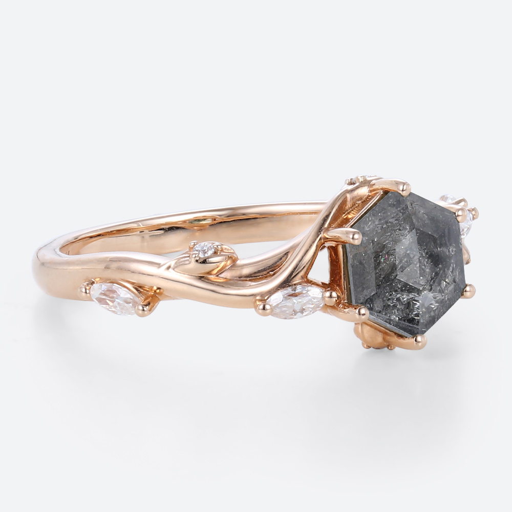 Hexagon Cut Simple Band Engagement Rings Salt and Pepper Diamond Ring