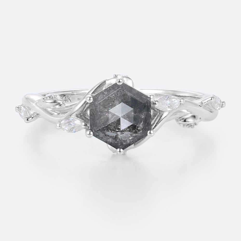 Hexagon Cut Simple Band Engagement Rings Salt and Pepper Diamond Ring