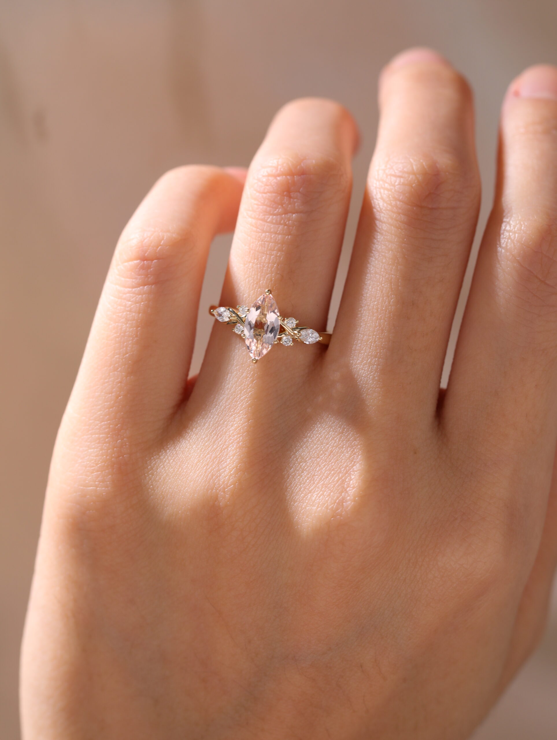 Morganite Engagement Ring Rose Gold Marquise Cut Side Stone Ring