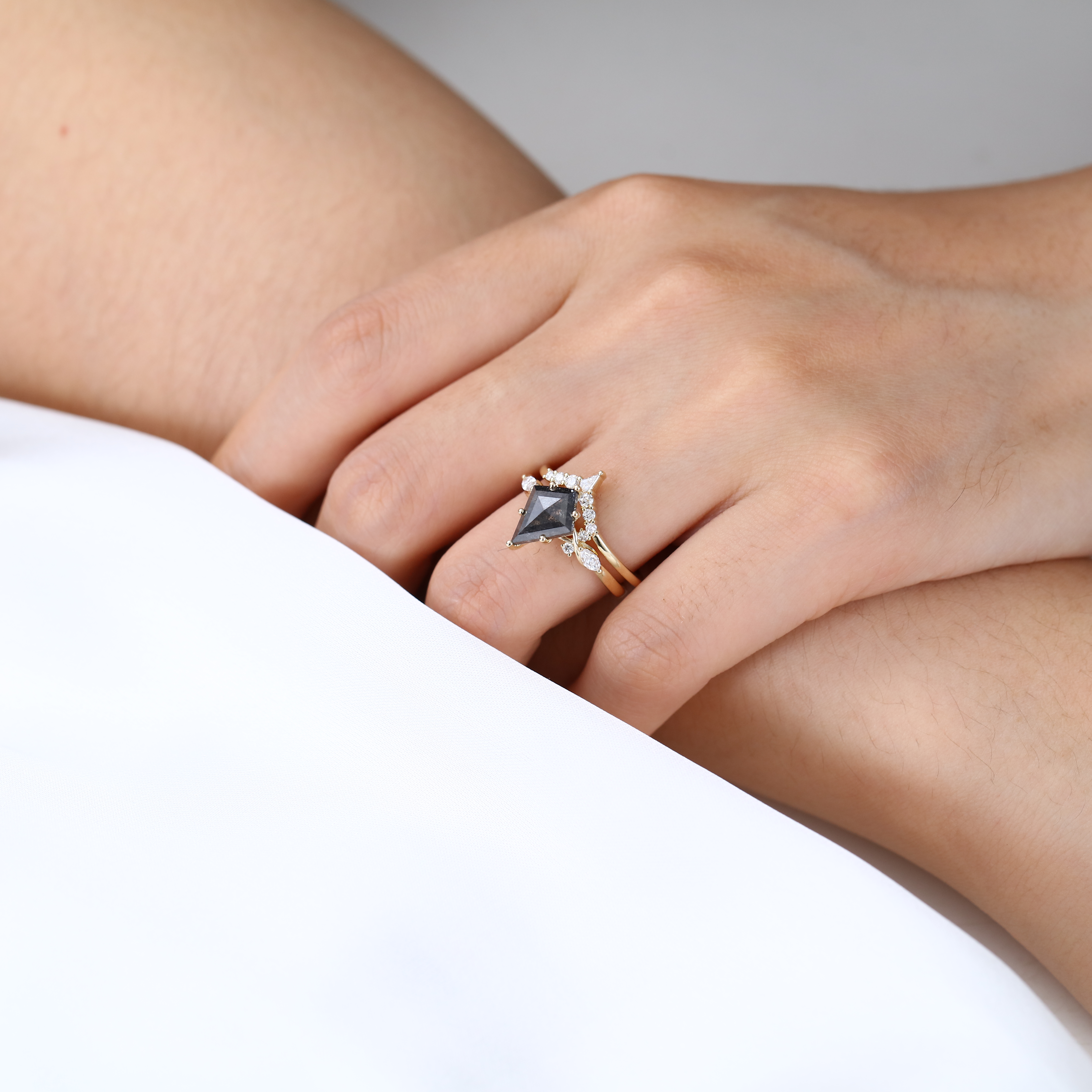 Kite Cut Salt And Pepper Diamond Ring Bridal Wedding Ring Sets