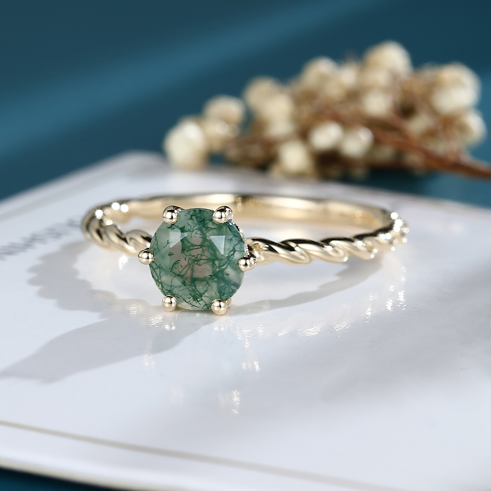 LisaJewelryUS Unique Moss Agate Yellow Gold Engagement Ring
