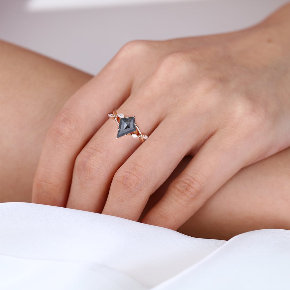 1.3ct Kite Cut Salt and Pepper Diamond Ring Rose Gold Marquise Side Stone Wedding Ring