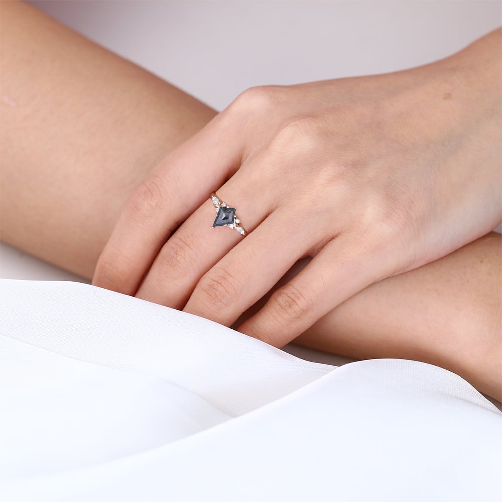 Rose Gold Kite Cut Salt And Pepper Diamond Engagement Rings