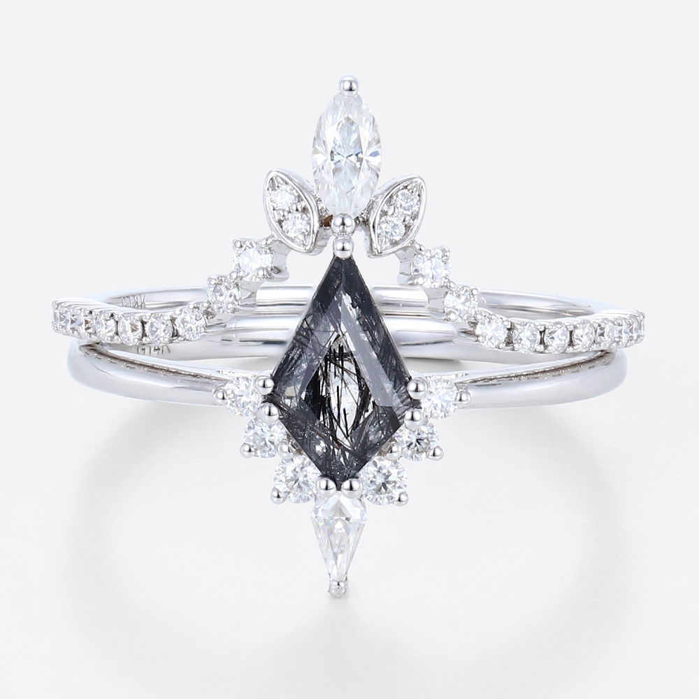 Black Rutilated Quartz White Gold Engagement Ring Set Kite Cut